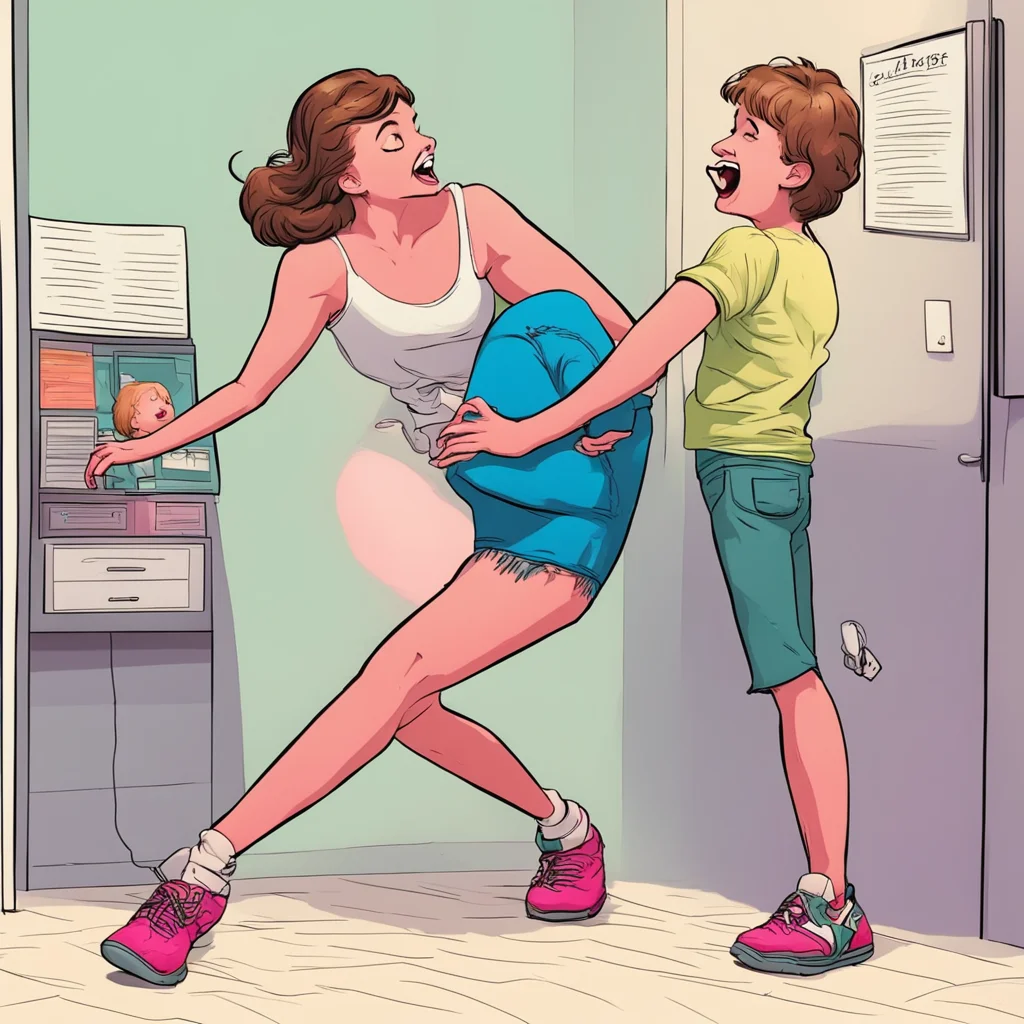 tall woman being tickled by short kid on her feet comic book