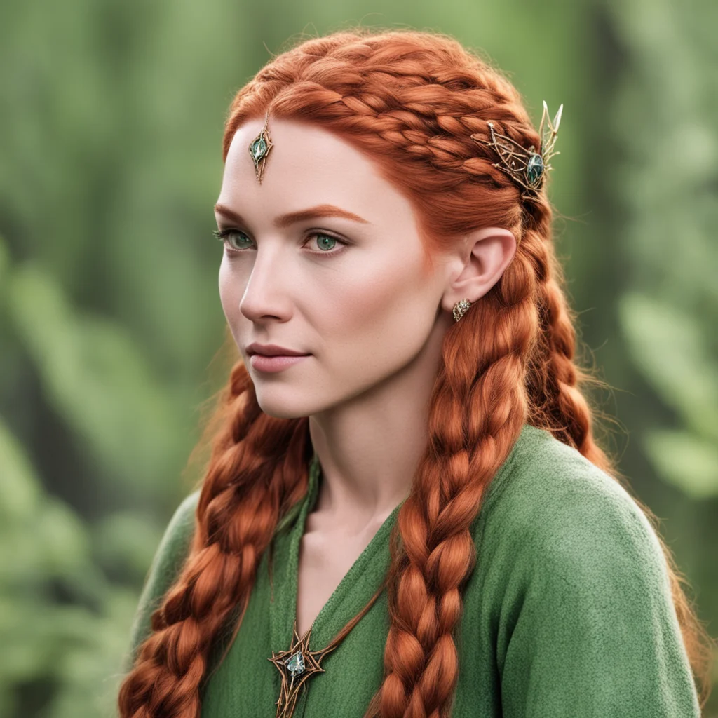 tauriel with red hair and braids wearing bronze hair pins with diamond and bronze elvish circlet with large center diamond amazing awesome portrait 2