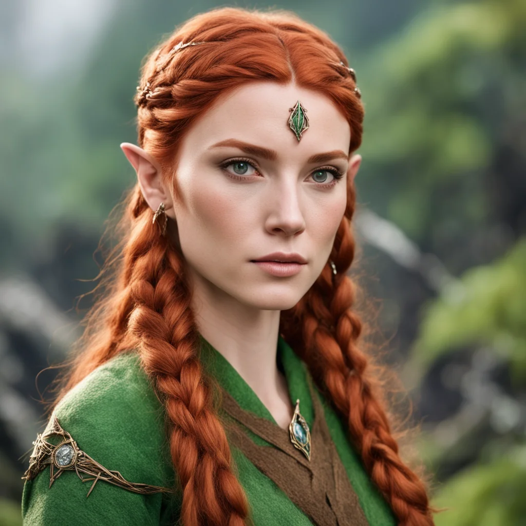 tauriel with red hair and braids wearing bronze hair pins with diamond and bronze elvish circlet with large center diamond confident engaging wow artstation art 3