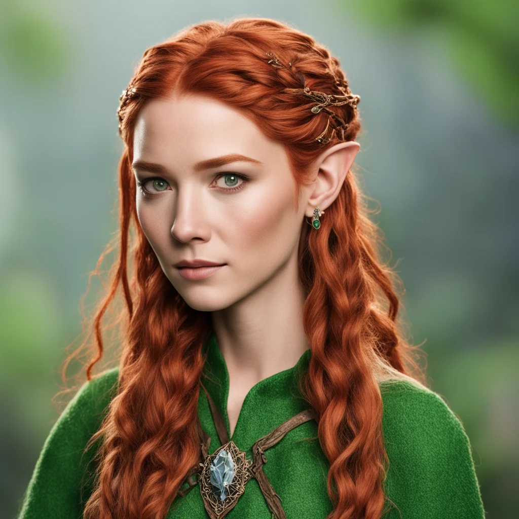 tauriel with red hair and braids wearing bronze hair pins with diamond and bronze elvish circlet with large center diamond good looking trending fantastic 1