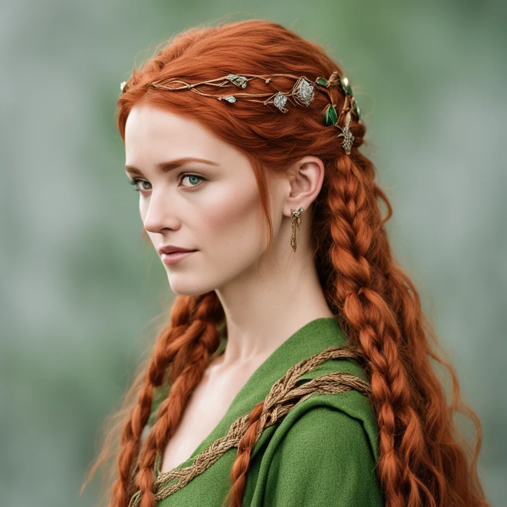 tauriel with red hair and braids wearing bronze hair pins with diamond and bronze elvish circlet with large center diamond