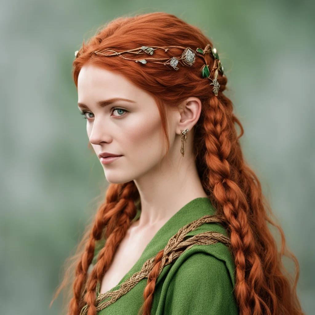 aitauriel with red hair and braids wearing bronze hair pins with diamond and bronze elvish circlet with large center diamond