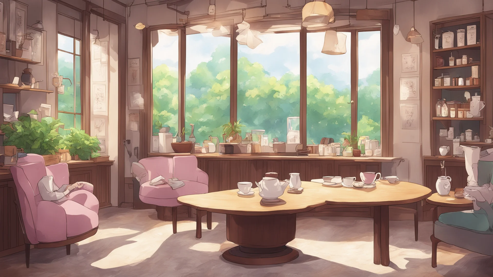 tea shop relaxing calm chairs tea brewing cosy anime wide
