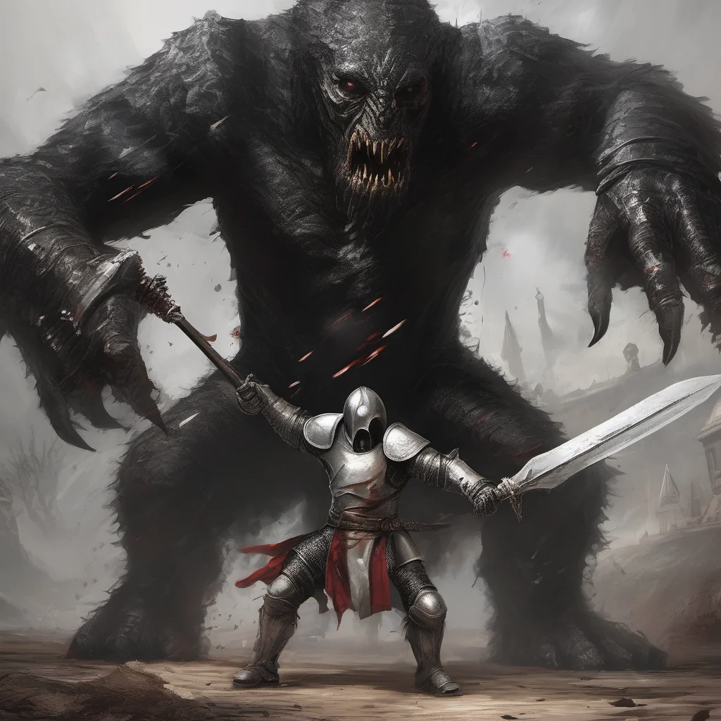 templar knight with a mace battling a giant black monster