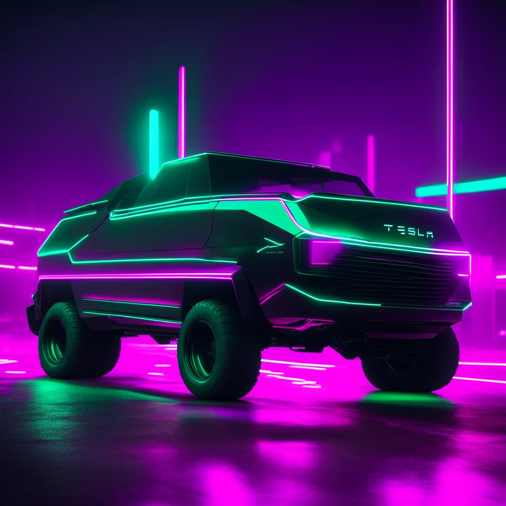 tesla cybertruck cyberpunk neon lights epic truck shot hyperrealistic render good looking trending fantastic 1