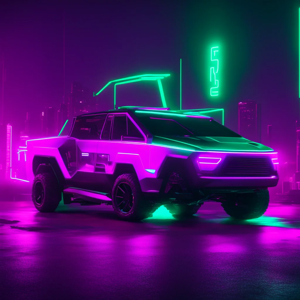 tesla cybertruck cyberpunk neon lights epic truck shot hyperrealistic render