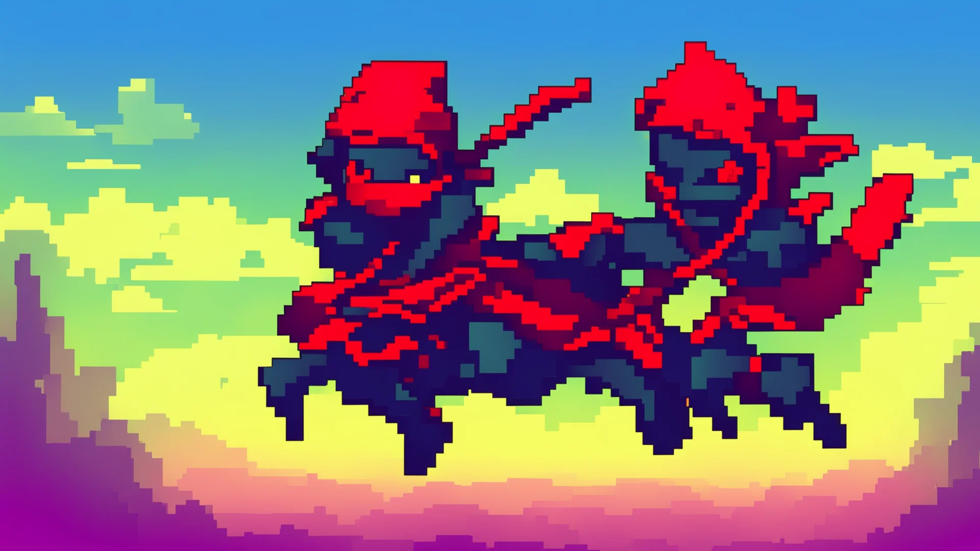 textless title screen for a 2d pixel art platformer starring a ninja fraog wearing a red bandana that runs and jump very fast amazing awesome portrait 2 wide
