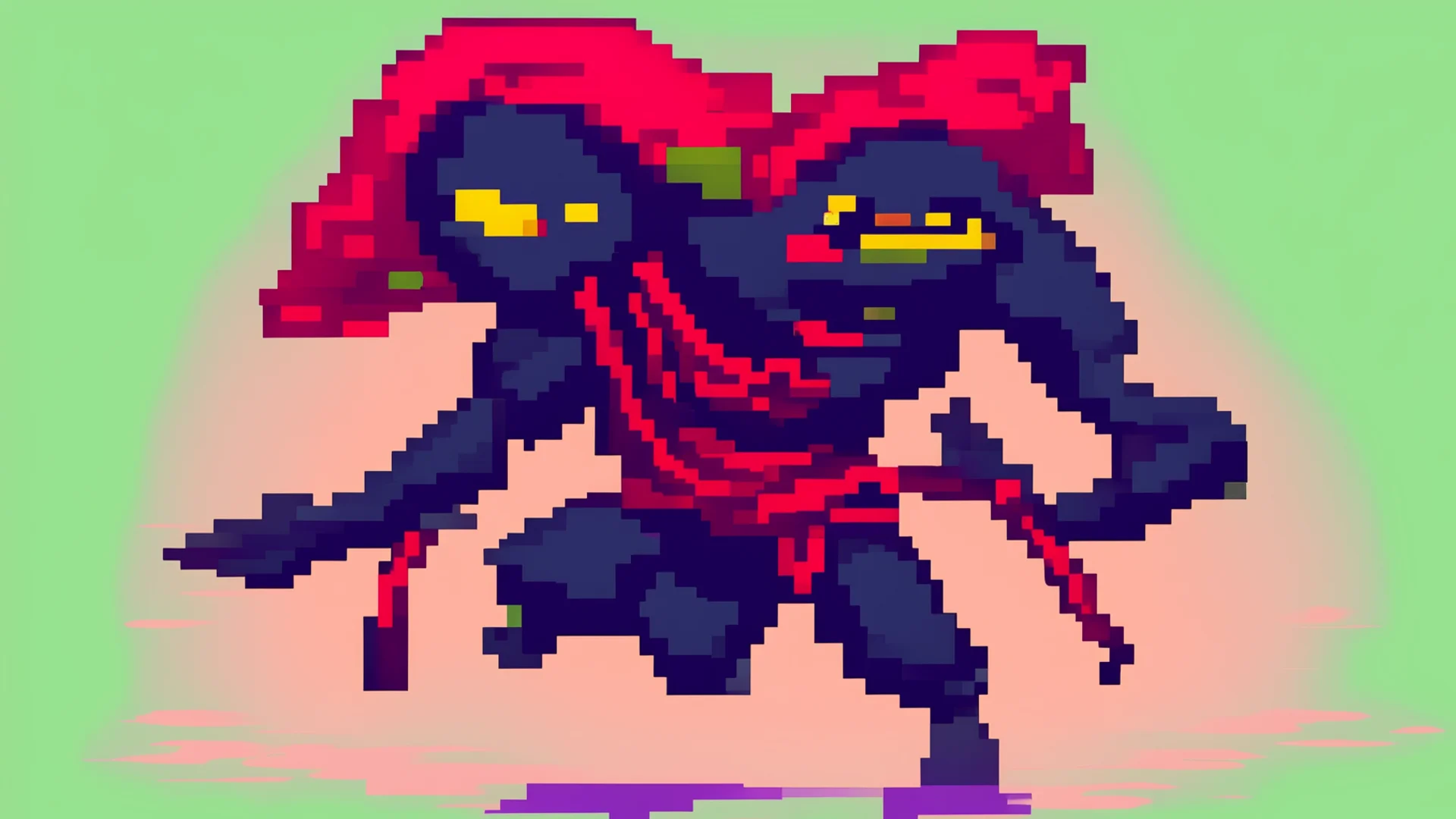 textless title screen for a 2d pixel art platformer starring a ninja fraog wearing a red bandana that runs and jump very fast wide