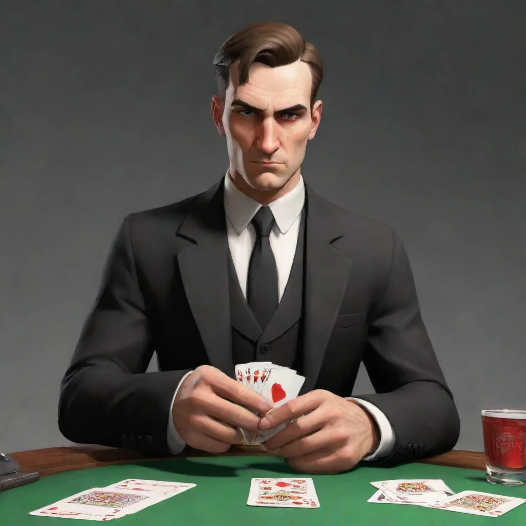 aitf2  a polish man with a gambling addiction%2C in a black suit and tie with a revolver and a pack of cards