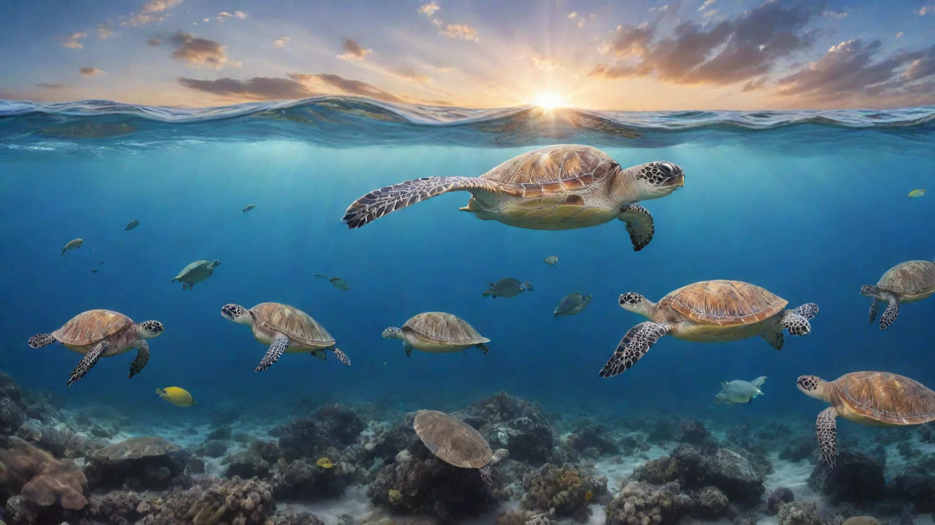 aithe 7 types of sea turtles swimming in the ocean with some other fish and sea weed%2C show only half the ocean and the other half as the sky with a sunset wide