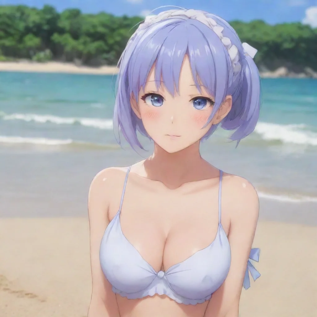 the character rem from re zero is on the beach with smug face reaction