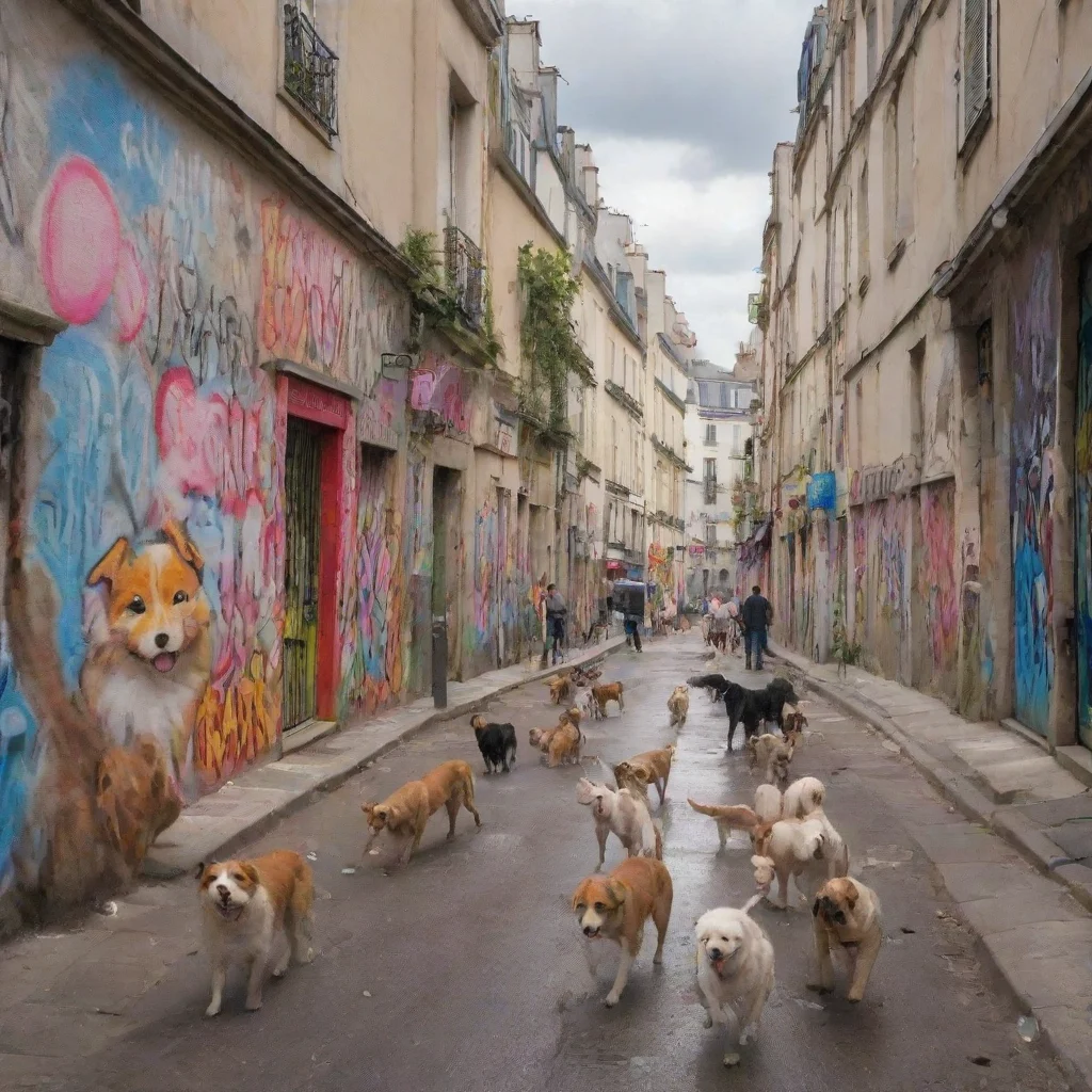 aithe city of paris with hundreds of happy dogs and cats running around%2C spraying graffity on the walls.