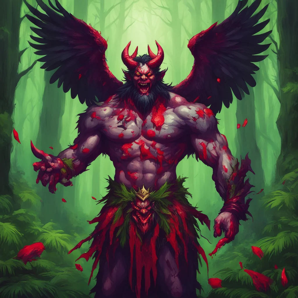 the demon king ravan holding a bloodied eagle head on one hand smeared in blood with an evil grin on his face in the middle of a lush green forest amazing awesome portrait 2