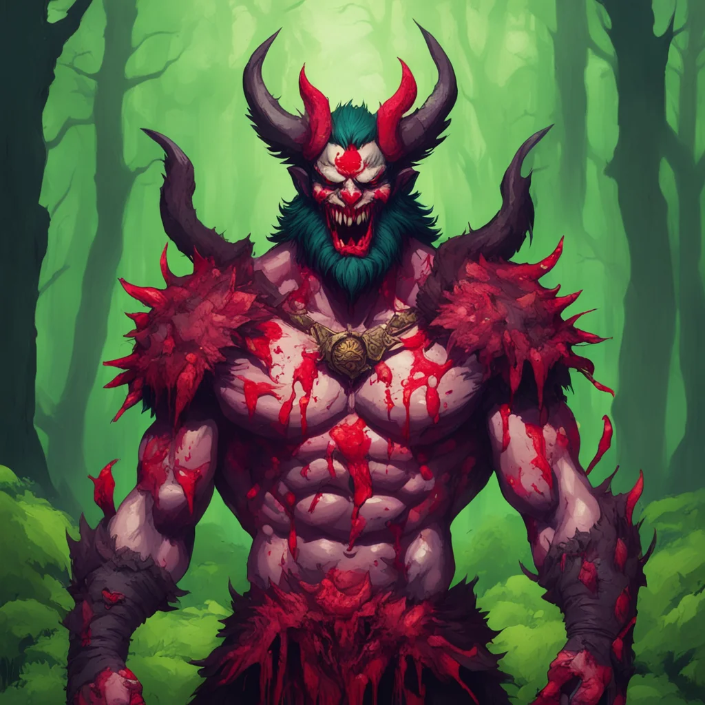the demon king ravan holding a bloodied eagle head on one hand smeared in blood with an evil grin on his face in the middle of a lush green forest confident engaging wow artstation art