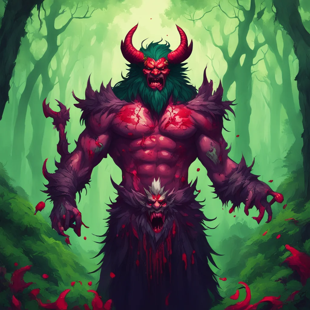the demon king ravan holding a bloodied eagle head on one hand smeared in blood with an evil grin on his face in the middle of a lush green forest good looking trending fantastic 1