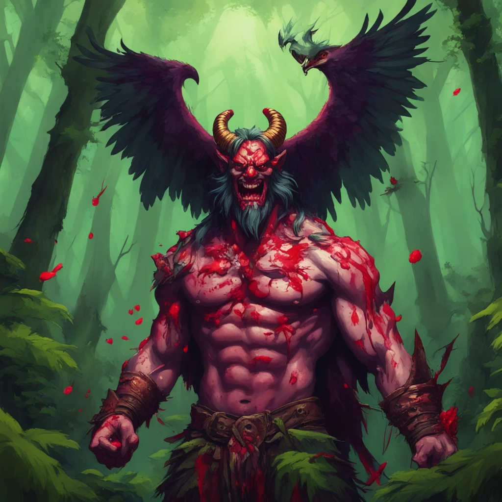 aithe demon king ravan holding a bloodied eagle head on one hand smeared in blood with an evil grin on his face in the middle of a lush green forest