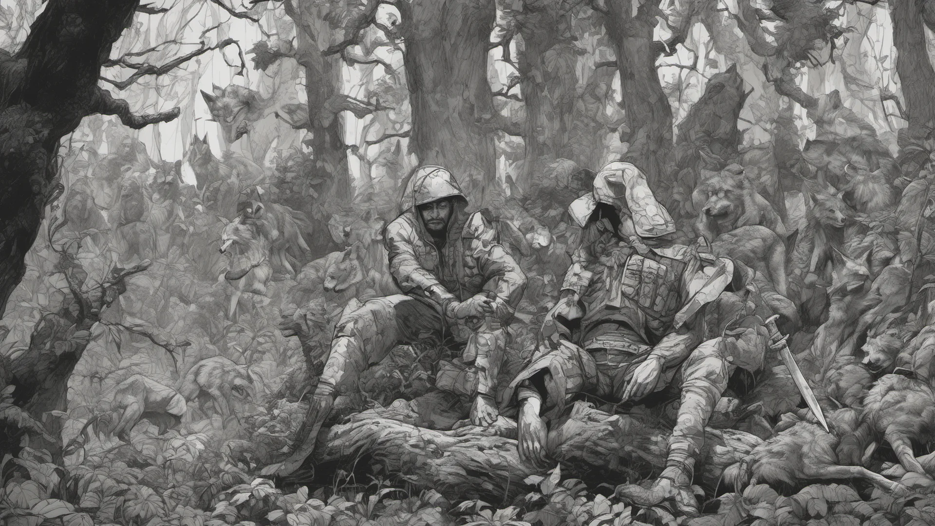 the most dungerous soldier%2C sitted in a fallen tree%2C holding a knife%2C in the middle of a dark and dungerous jungle%2C being watched by wolves and enemy soldiers amazing awesome portrait 2 wide