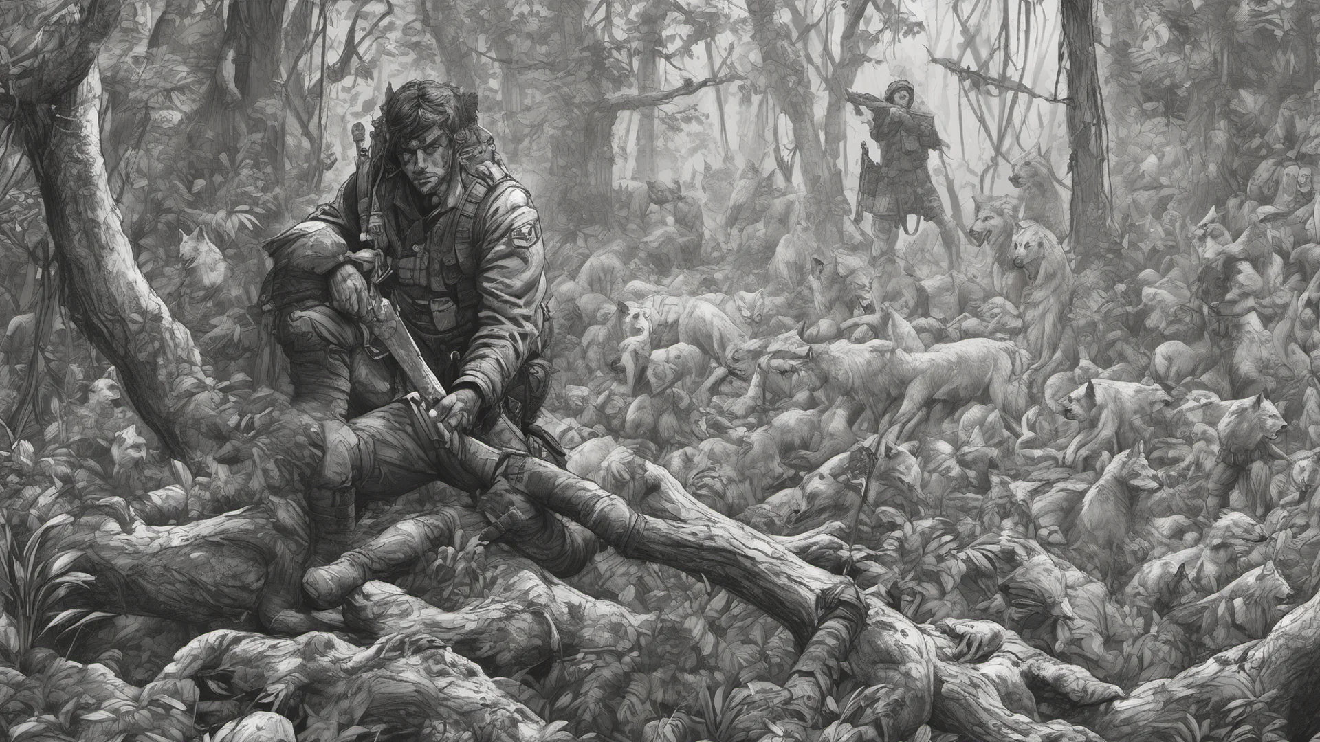 aithe most dungerous soldier%2C sitted in a fallen tree%2C holding a knife%2C in the middle of a dark and dungerous jungle%2C being watched by wolves and enemy soldiers wide