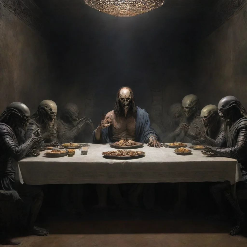 aithe picture of the last supper where jesus is a xenomorph