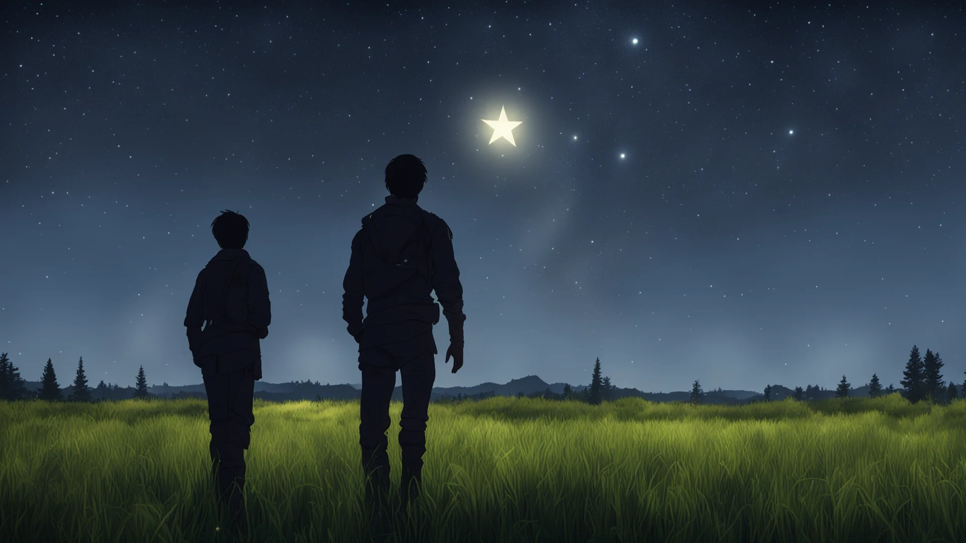 the player character stands with his back turned in a meadow at night with a star in the background amazing awesome portrait 2 wide