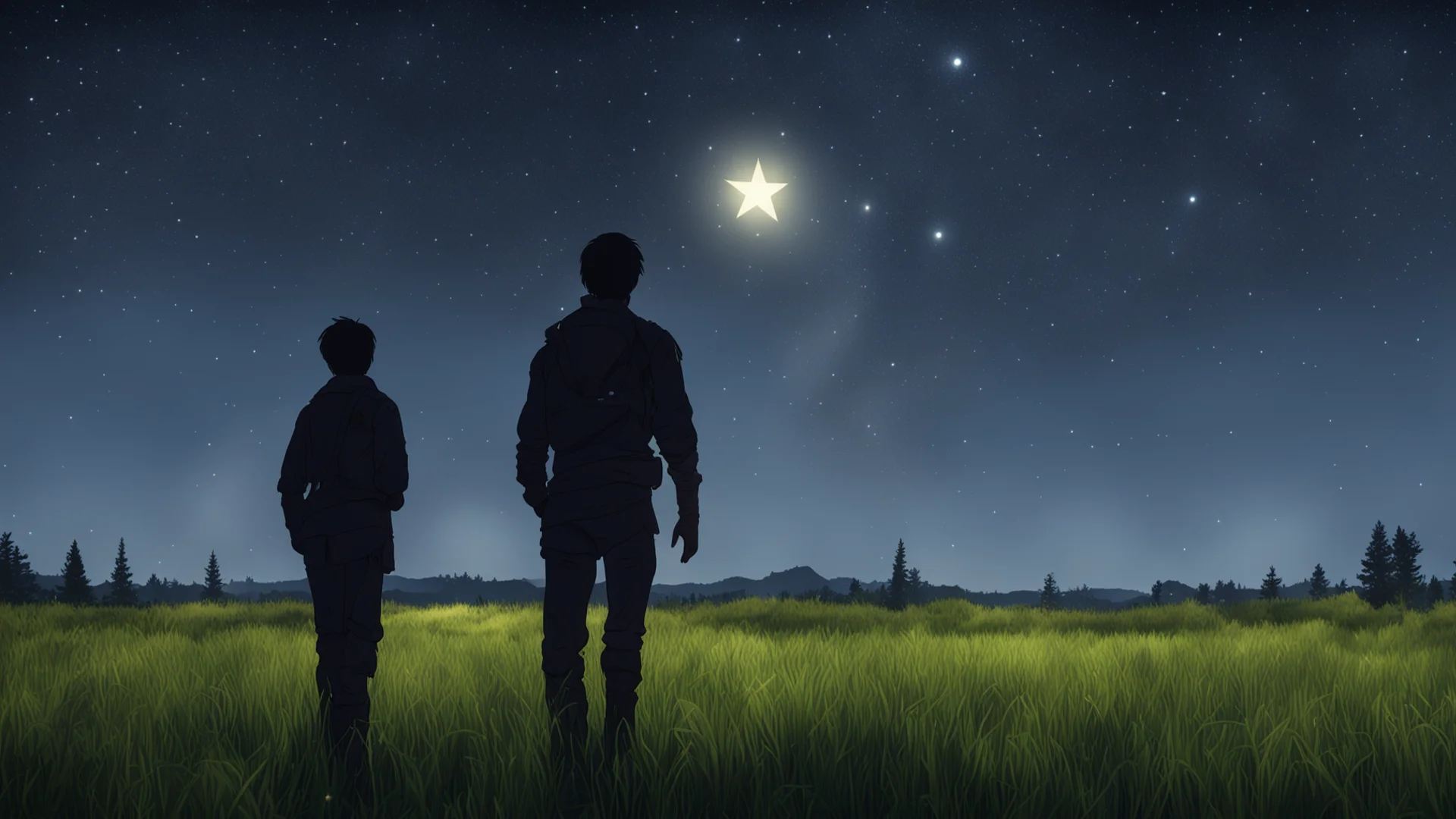 aithe player character stands with his back turned in a meadow at night with a star in the background amazing awesome portrait 2 wide