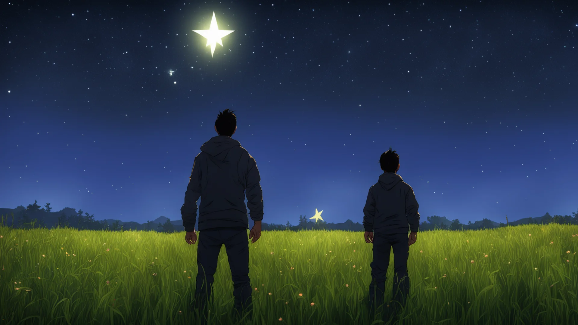 aithe player character stands with his back turned in a meadow at night with a star in the background confident engaging wow artstation art 3 wide