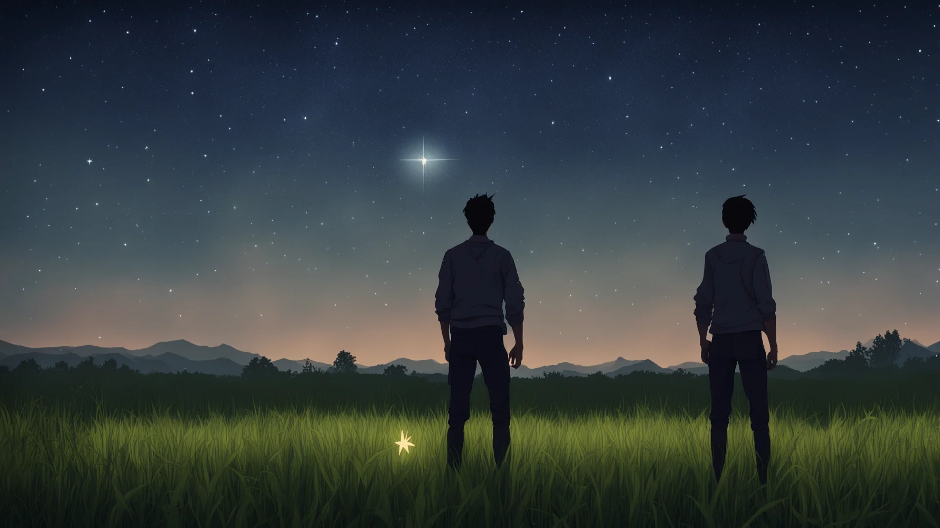 the player character stands with his back turned in a meadow at night with a star in the background wide
