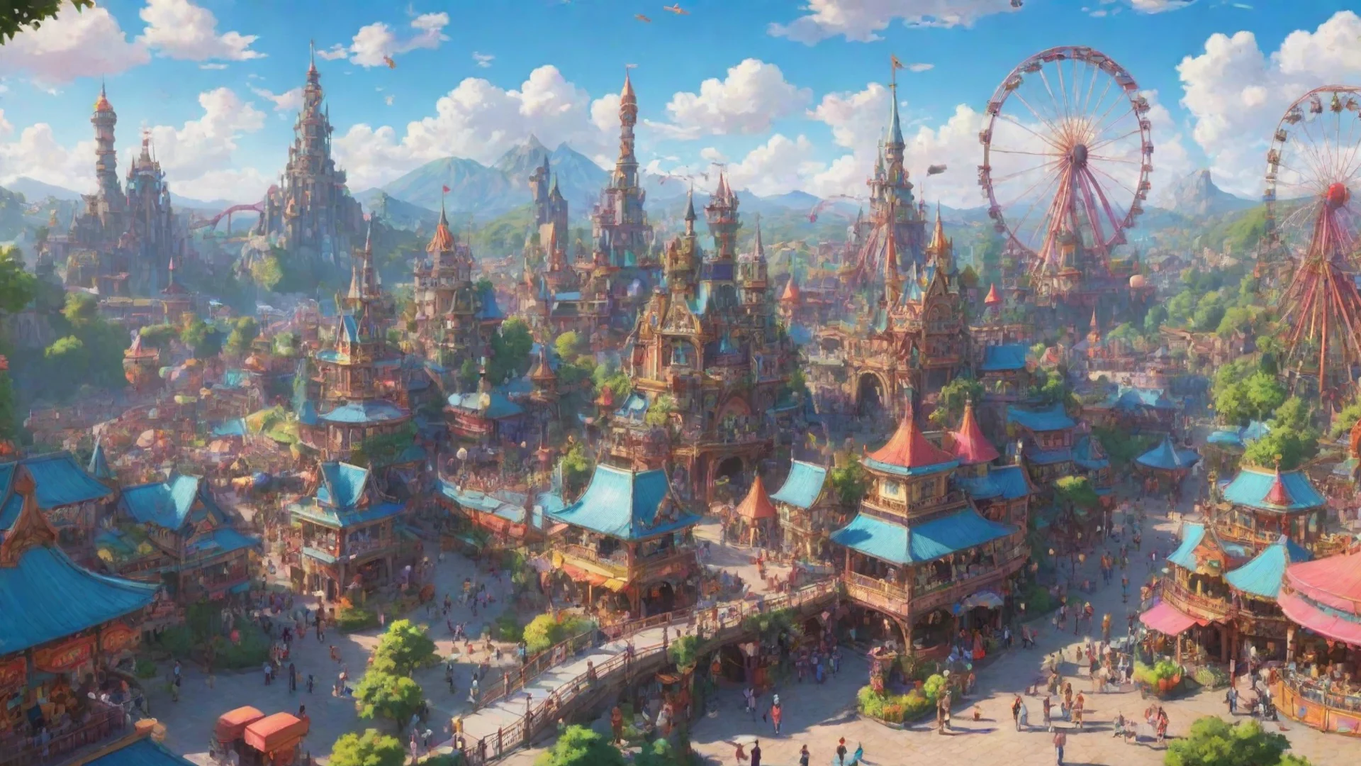 theme park artistic colorfull happy amazing anime stylized detailed cartoon hd aesthetic wide
