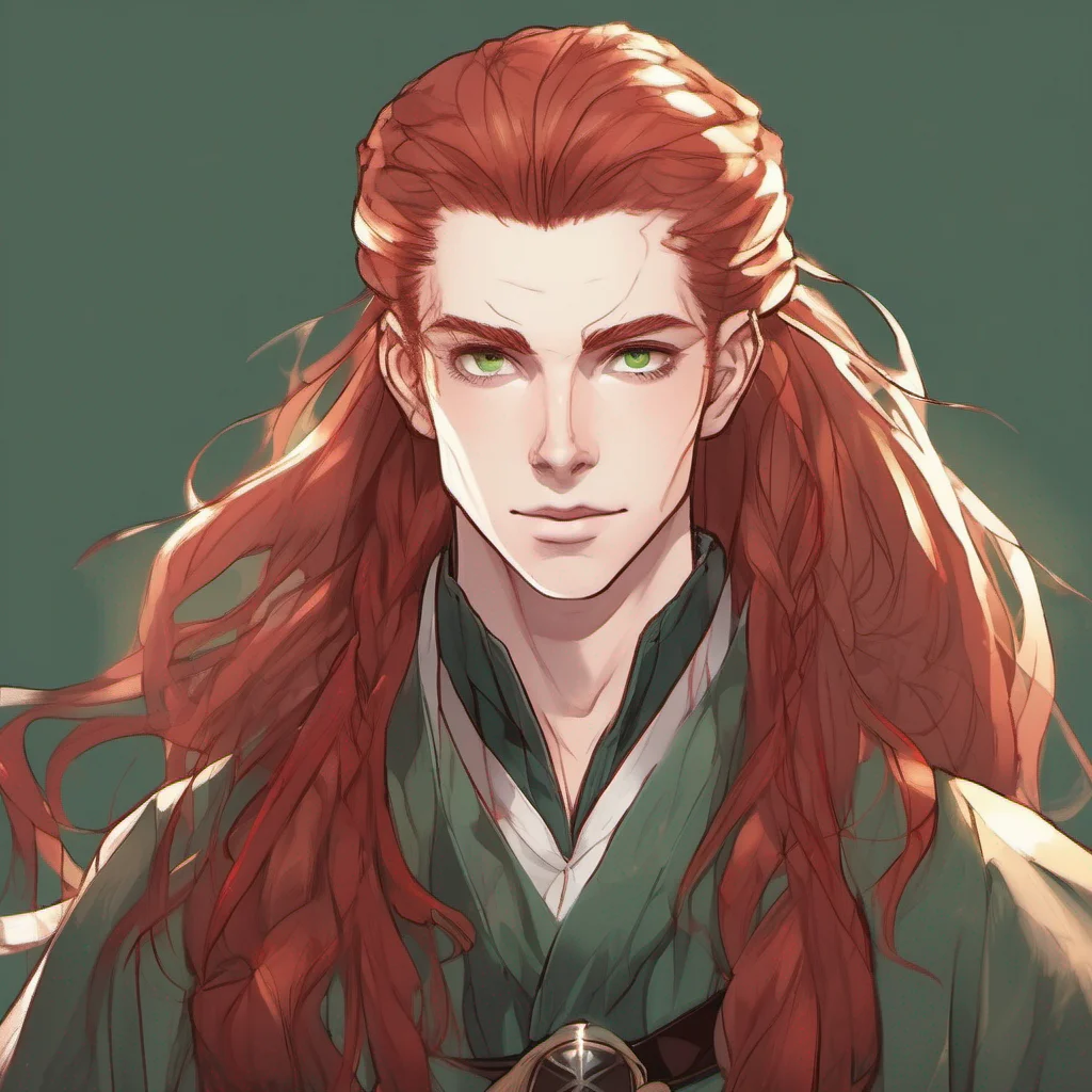 thin 20 year old man%2C light skin color%2C dark green eyes%2C long red hair tied in a ponytail%2C attire of a wizard of the fantasy art amazing awesome portrait 2