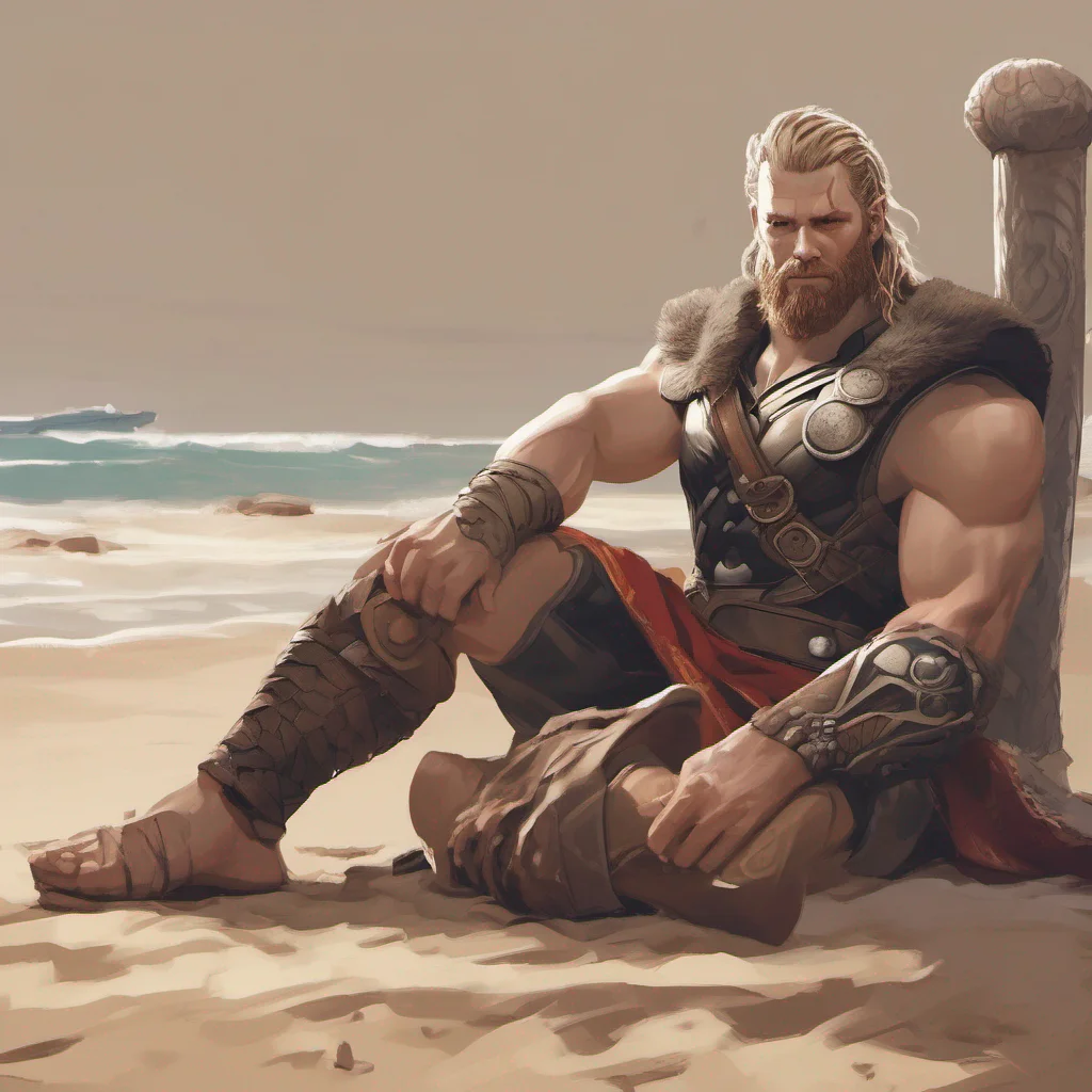 aithor from god of war lounging on a sandy beach  confident engaging wow artstation art 3