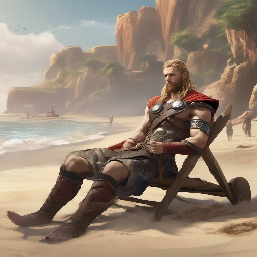 thor from god of war lounging on a sandy beach 