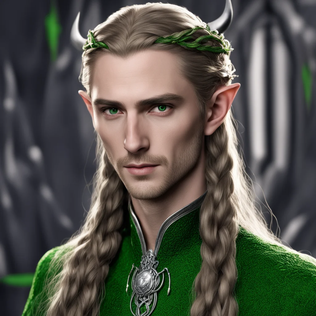 aithranduil%E2%80%99s butler with brown hair and green eyes with braids wearing small silver elven circlet confident engaging wow artstation art 3