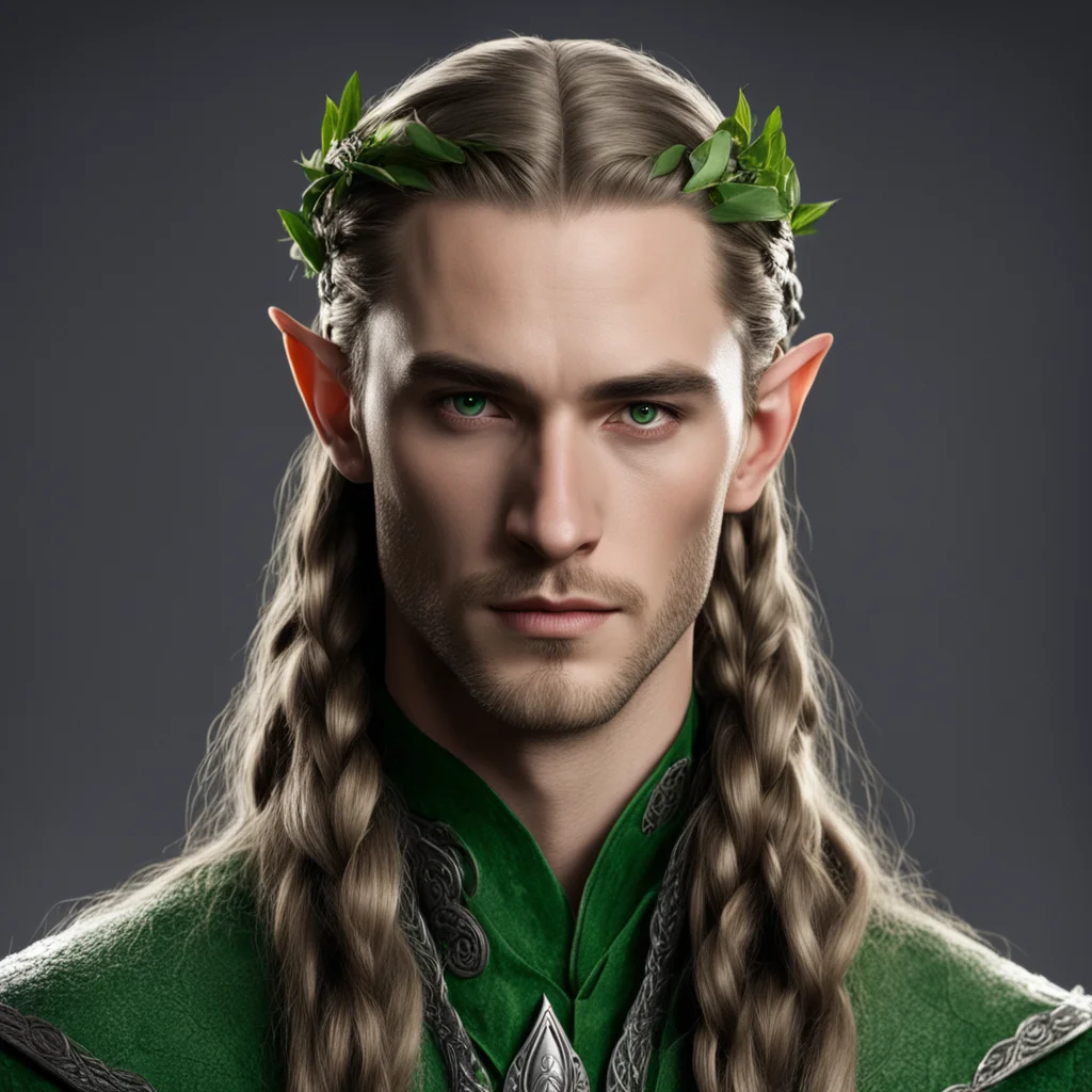 aithranduil%E2%80%99s butler with brown hair and green eyes with braids wearing small silver elven circlet good looking trending fantastic 1