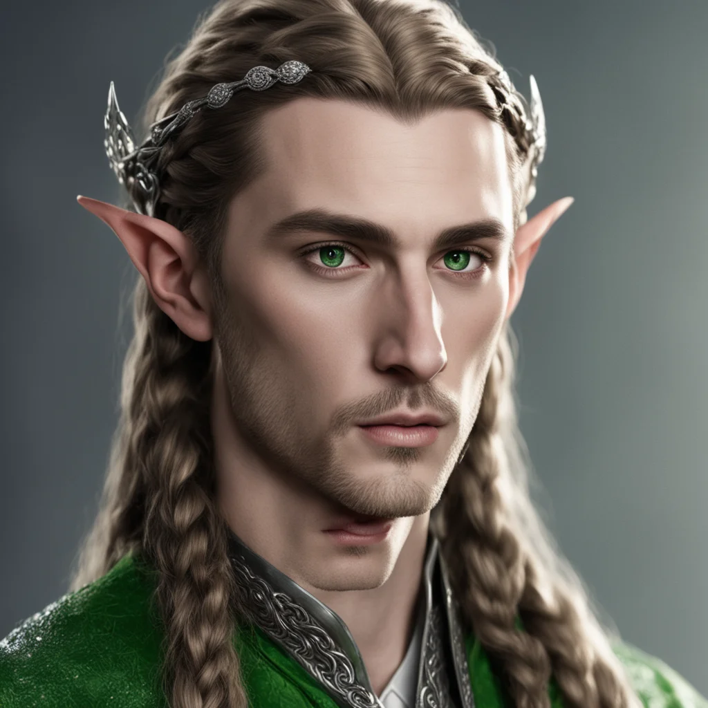 aithranduil%E2%80%99s butler with brown hair and green eyes with braids wearing small silver elven circlet with diamonds amazing awesome portrait 2