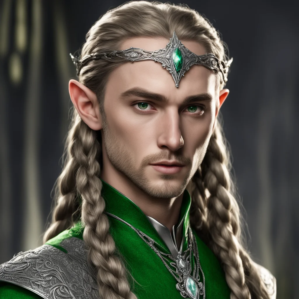 aithranduil%E2%80%99s butler with brown hair and green eyes with braids wearing small silver elven circlet with diamonds confident engaging wow artstation art 3