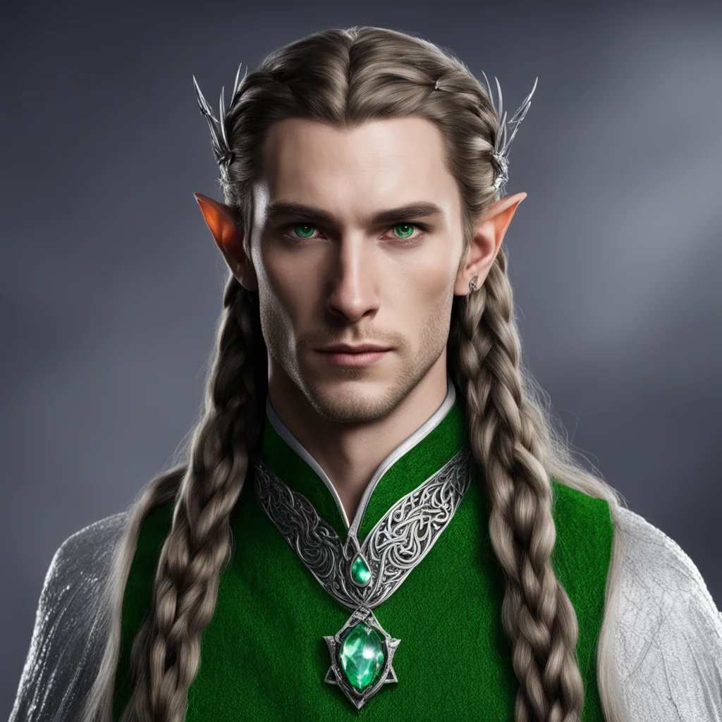 aithranduil%E2%80%99s butler with brown hair and green eyes with braids wearing small silver elven circlet with diamonds good looking trending fantastic 1