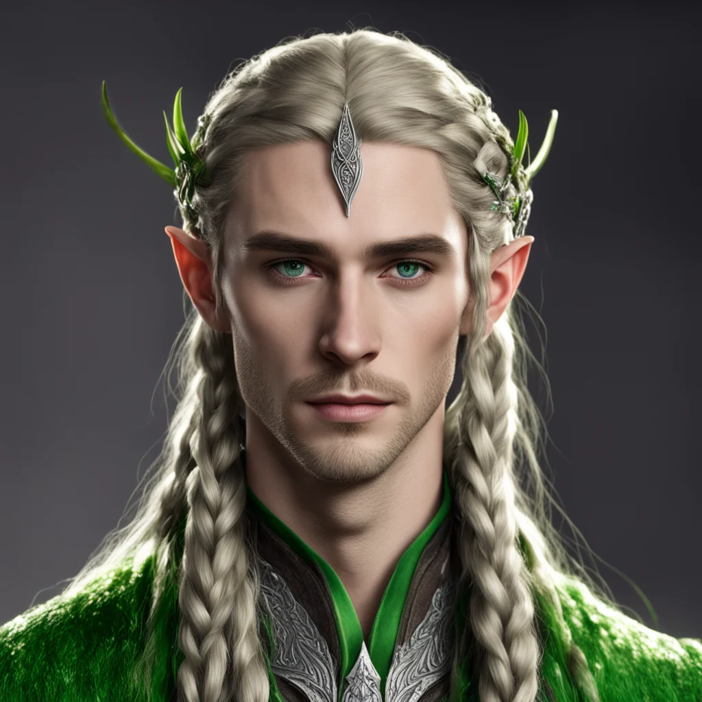 aithranduil%E2%80%99s butler with brown hair and green eyes with braids wearing small silver elven circlet with diamonds