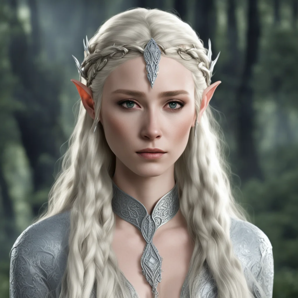 aithranduil%E2%80%99s wife with blond hair and braids wearing silver silvan elvish circlet with large center diamond confident engaging wow artstation art 3