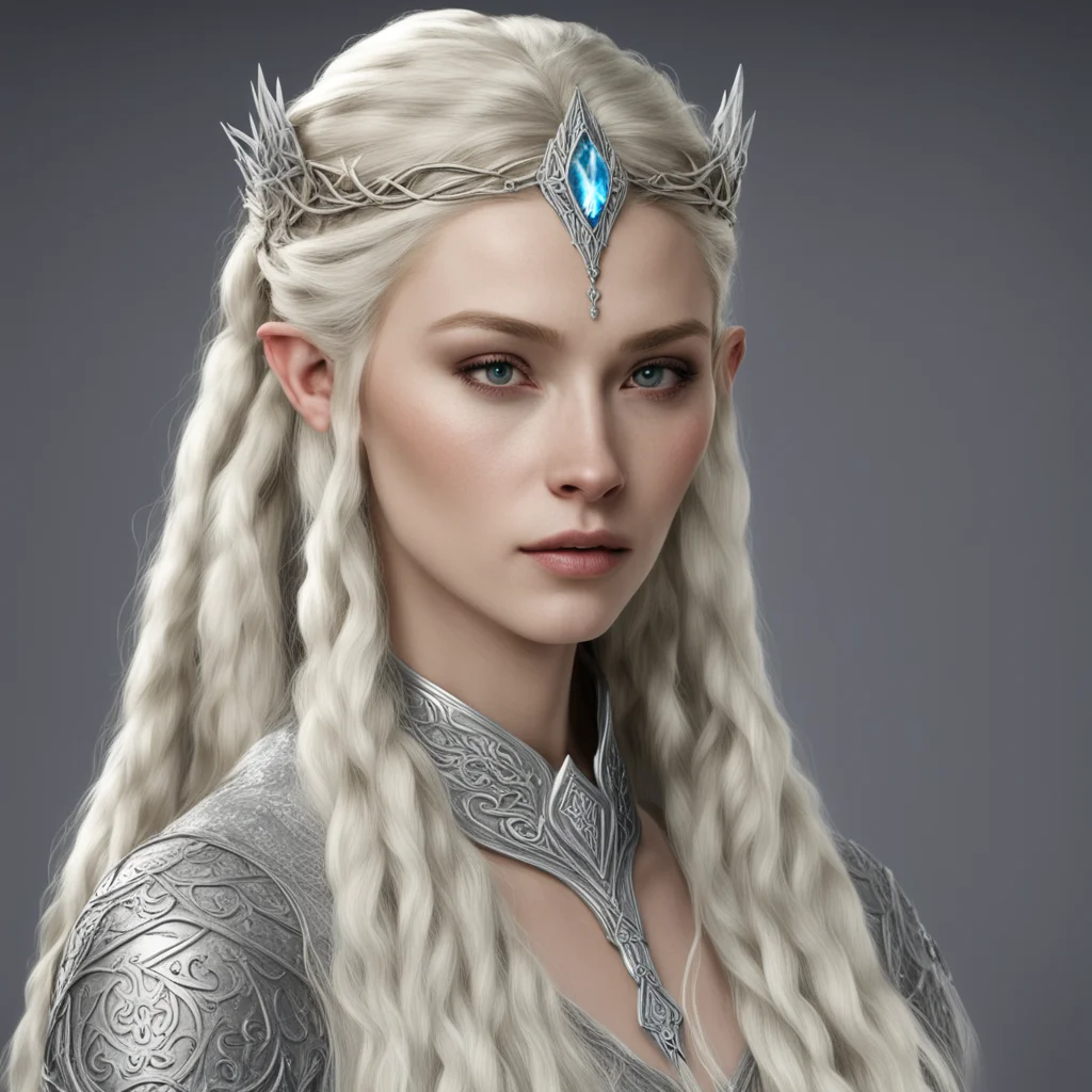 aithranduil%E2%80%99s wife with blond hair and braids wearing silver silvan elvish circlet with large center diamond