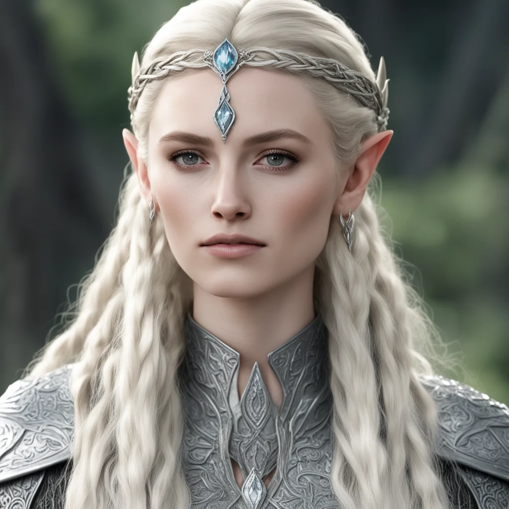 aithranduil%E2%80%99s wife with blond hair and braids wearing silver sindarin elvish circlet with large center diamond 