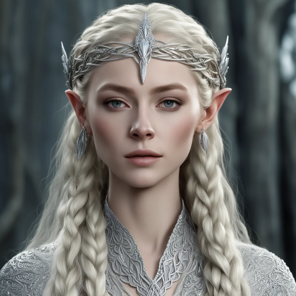 aithranduil%E2%80%99s wife with blond hair and braids wearing silver strings of diamonds woven into braids and silver sindarin circlet with large center diamond  amazing awesome portrait 2