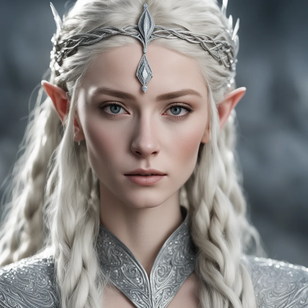 aithranduil%E2%80%99s wife with blond hair and braids wearing silver strings of diamonds woven into braids and silver sindarin circlet with large center diamond 