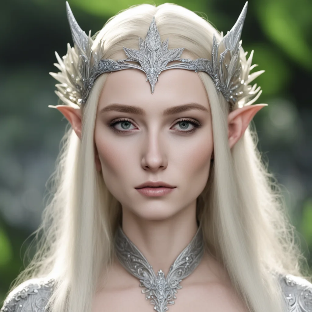 aithranduil%E2%80%99s wife with blond hair wearing silver flower wood elf circlet with diamonds confident engaging wow artstation art 3