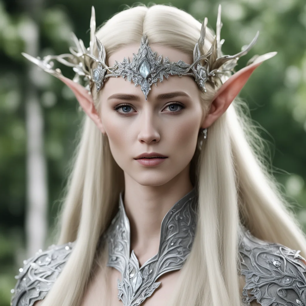 aithranduil%E2%80%99s wife with blond hair wearing silver flower wood elf circlet with diamonds