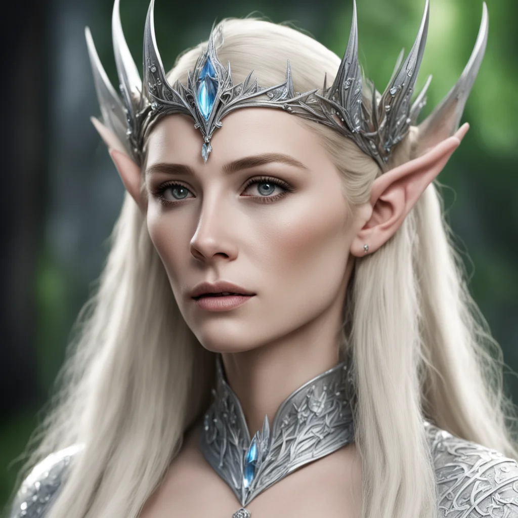 aithranduil%E2%80%99s wife with blond hair wearing silver wood elf crown with diamonds confident engaging wow artstation art 3