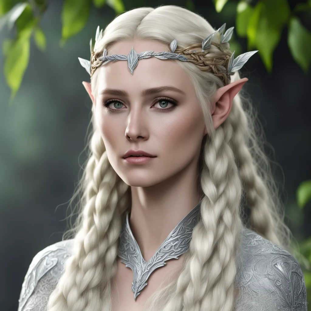 aithranduil%E2%80%99s wife with blond hair with braids wearing silver beech leaf elven circlet with diamonds confident engaging wow artstation art 3