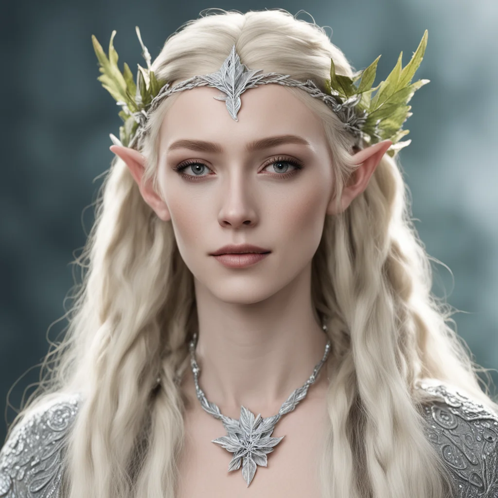 aithranduil%E2%80%99s wife with blond hair with braids wearing silver beech leaf elven circlet with diamonds good looking trending fantastic 1