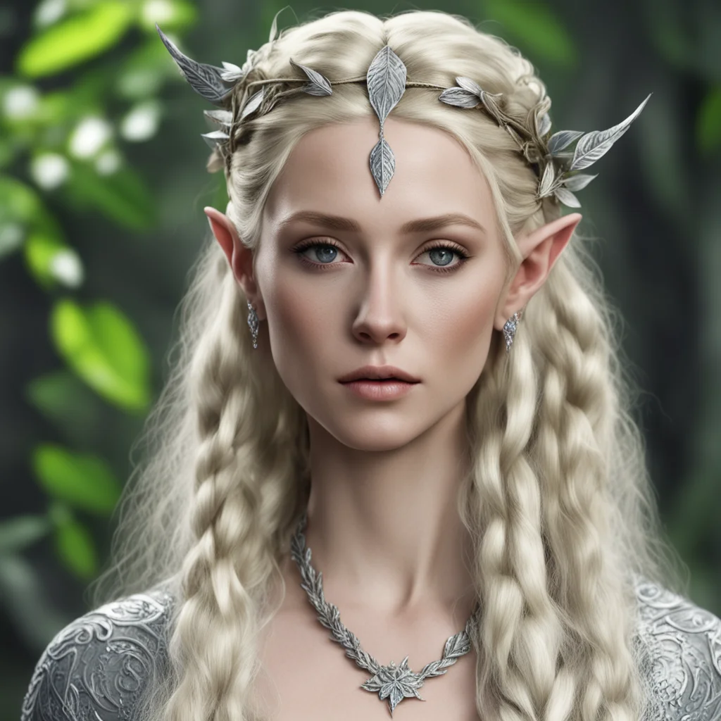 aithranduil%E2%80%99s wife with blond hair with braids wearing silver beech leaf elven circlet with diamonds