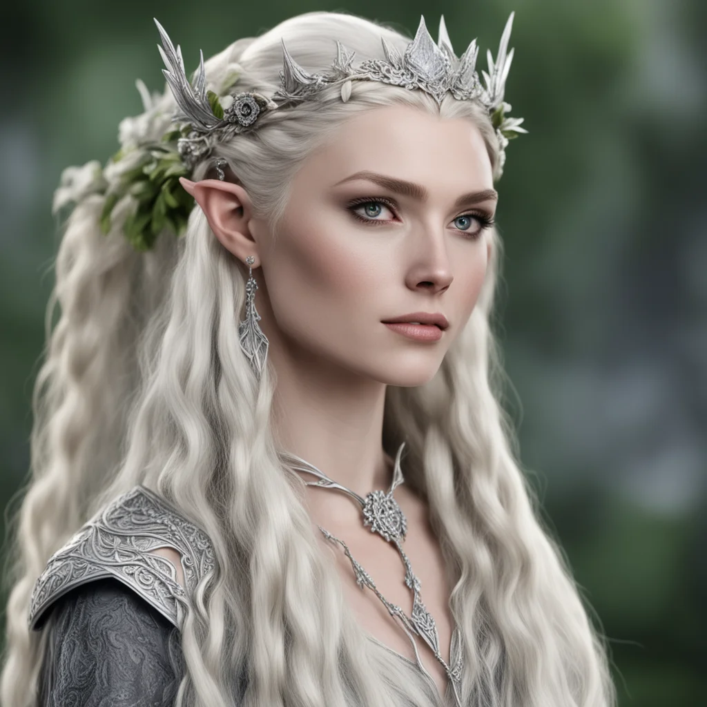 aithranduil%E2%80%99s wife with blond hair with braids wearing silver flower elven circlet with diamonds amazing awesome portrait 2