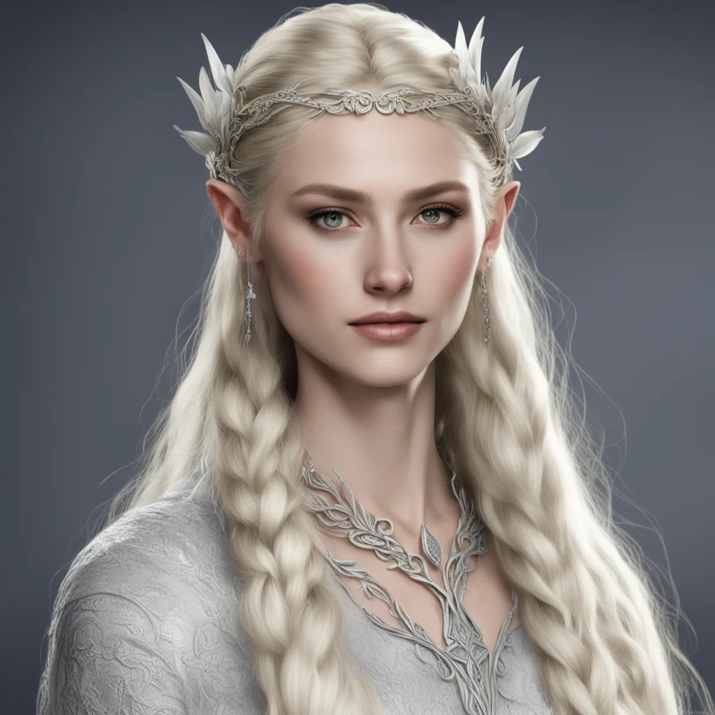 aithranduil%E2%80%99s wife with blond hair with braids wearing silver flower elven circlet with diamonds confident engaging wow artstation art 3